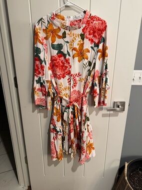 Floral Tie-Waist Swing Dress in White, Coral & Mustard - XL